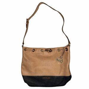 Michael Kors Jules Suntan Two Tone Black / Tan Leather Drawstring Bucket Bag